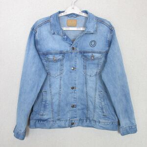 MONAT Denim Jacket Womens L Light Wash Graphic REVOLUTION Back Logo Button Front